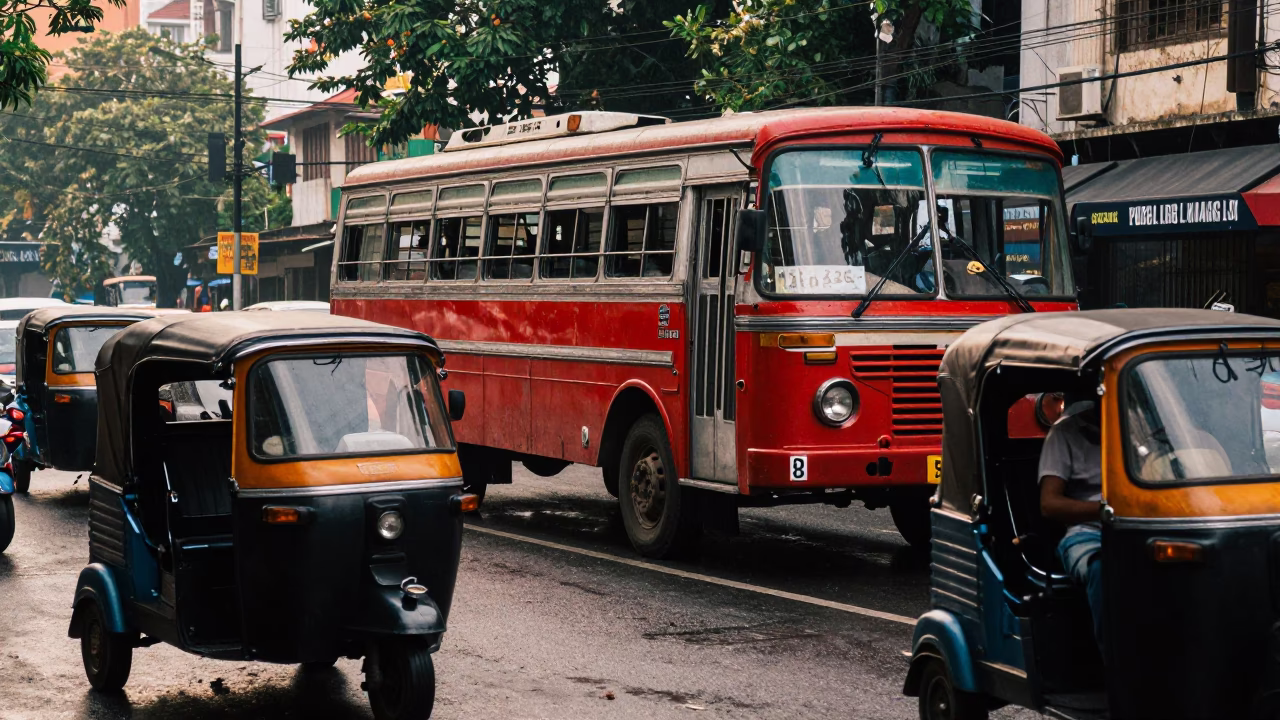 Kolkata Street Scene with Red Bus and Auto Rickshaw in Early Afternoon Light in in Kolkata, India