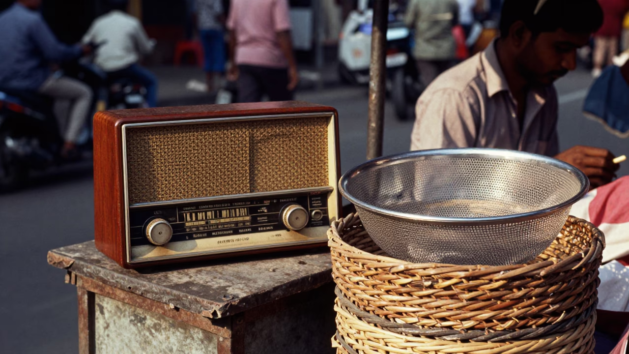 Kolkata Street Scene with Vintage Radio and Mesh Colander in Late Afternoon Light in in Kolkata, India