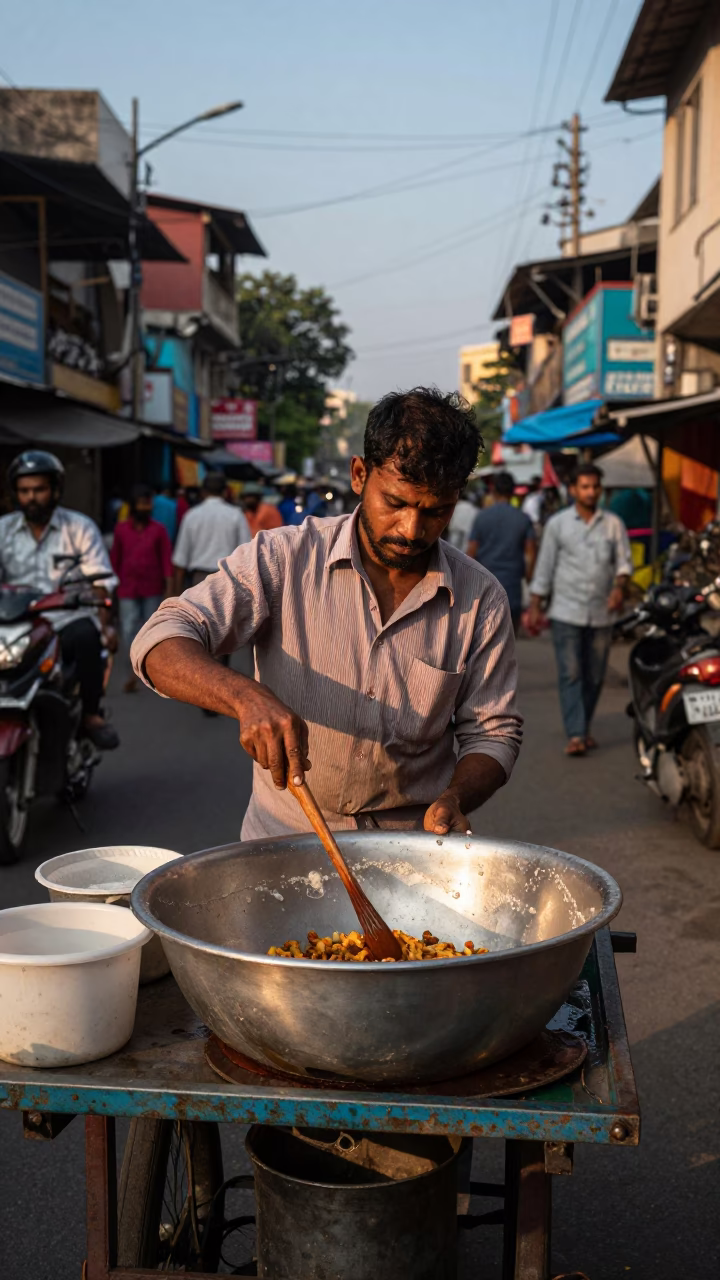 Kolkata Street Vendor Cooking Traditional Food in Late Afternoon Light in in Kolkata, India
