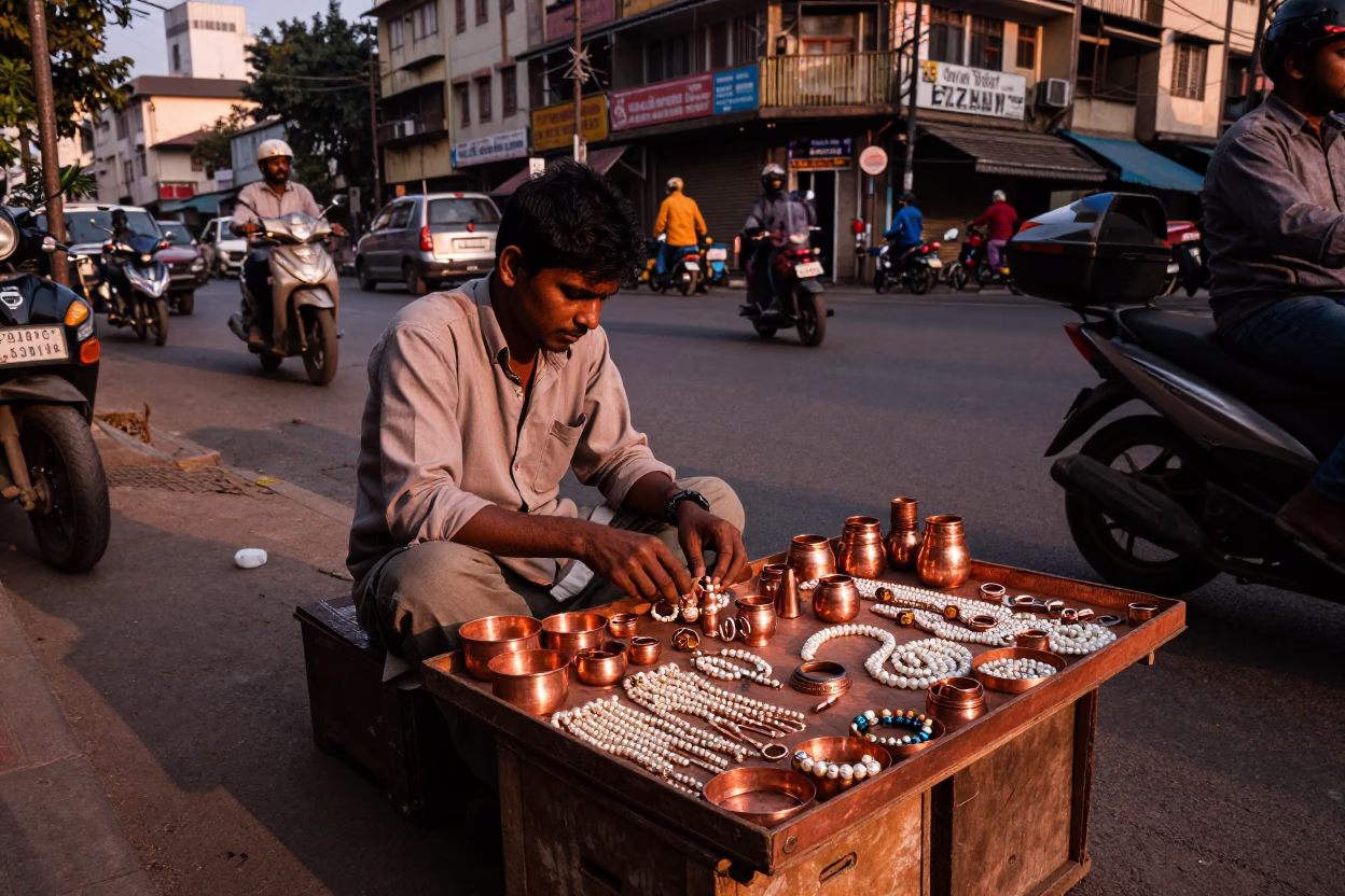 Kolkata Street Vendor Displaying Pearls and Rings in Copper Dusk Light in in Kolkata, India