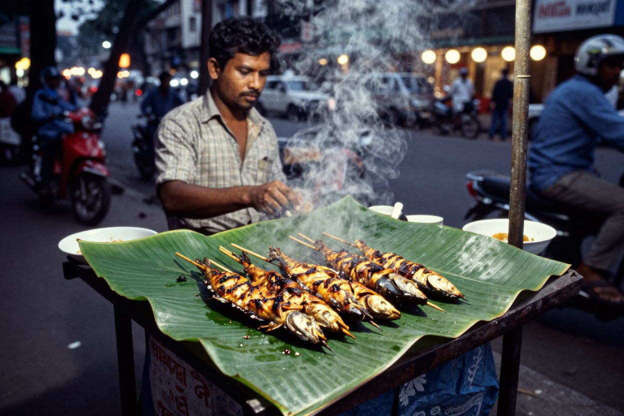 Kolkata Street Vendor Grilled Fish on Banana Leaf at Dusk with City Lights in in Kolkata, India