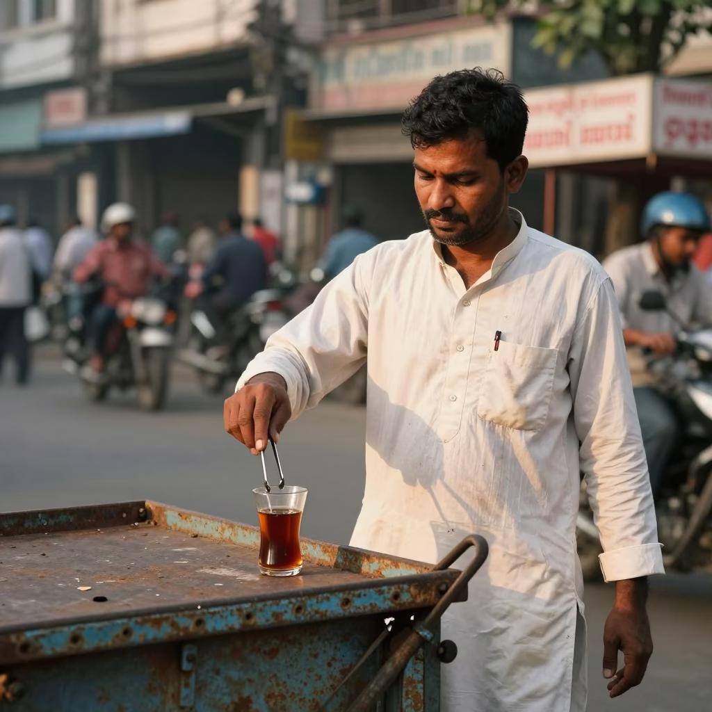Kolkata Street Vendor Morning Routine with Vintage Glass and Wooden Tongs in in Kolkata, India