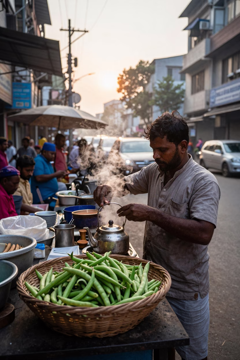 Kolkata Street Vendor Morning Tea with String Beans and Tailor Shears in in Kolkata, India