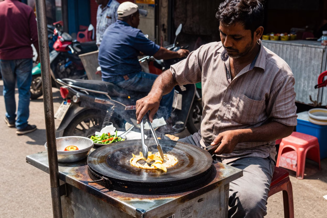 Kolkata Street Vendor Noon Heat with Tongs and Sizzling Street Food Scene in in Kolkata, India