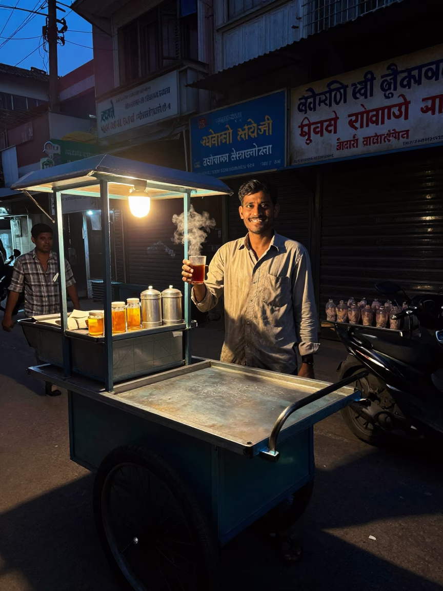 Kolkata Street Vendor Predawn Light with Tea Stall and Morning Routine in in Kolkata, India