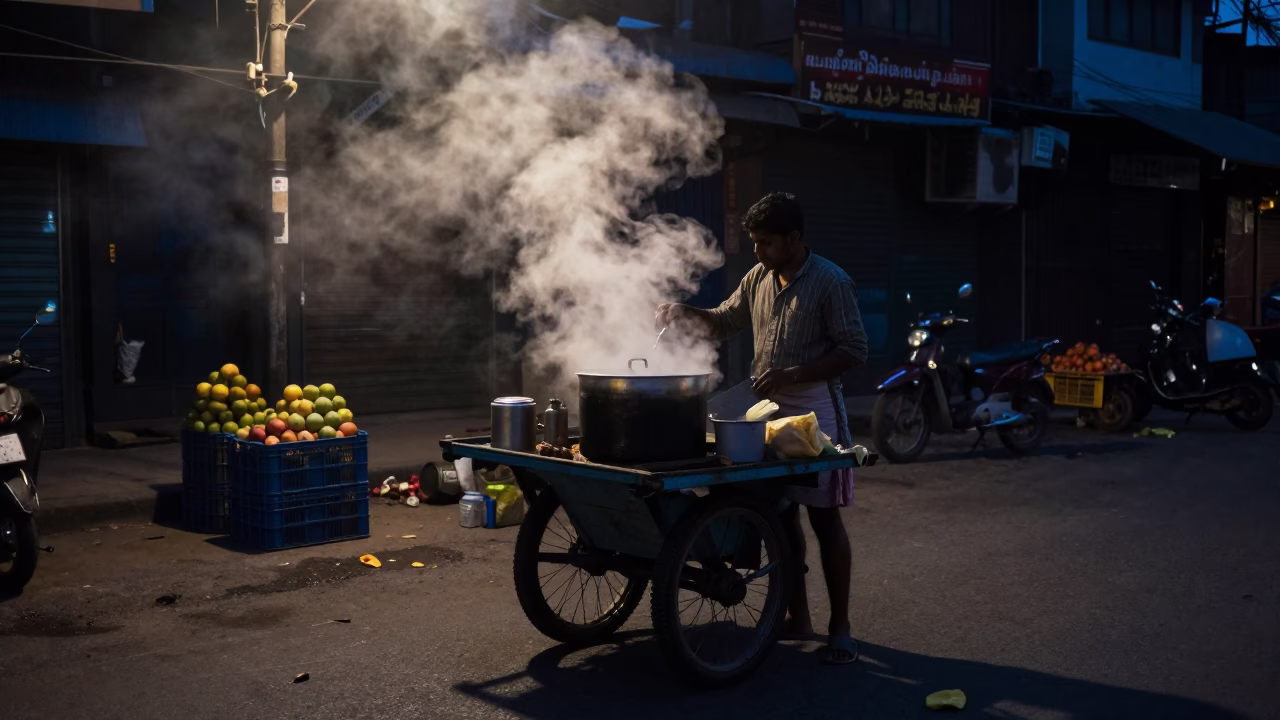 Kolkata Street Vendor Predawn Steam and Fruit Crates in in Kolkata, India