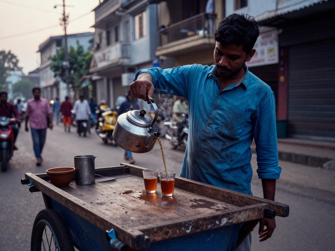 Kolkata street vendor preparing morning tea before dawn with glass cups and steam rising in in Kolkata, India