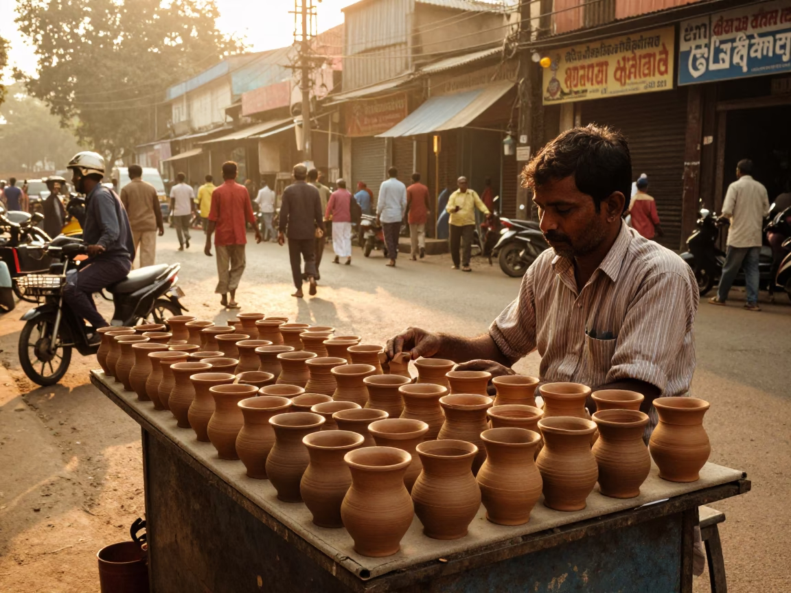 Kolkata street vendor selling clay cups in warm late afternoon light in in Kolkata, India