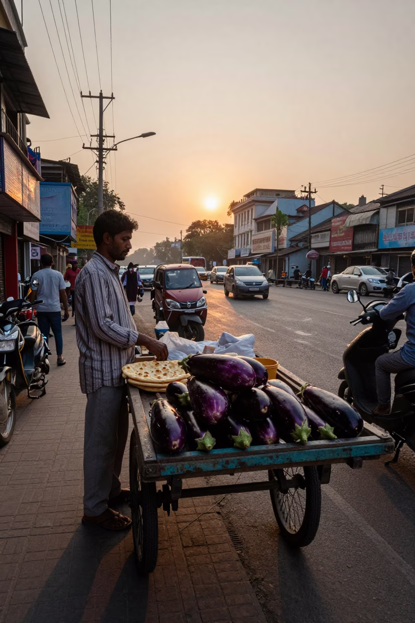 Kolkata street vendor selling fresh eggplants and naan at sunset in India in in Kolkata, India