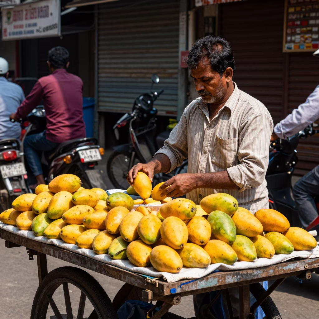 Kolkata Street Vendor Selling Fresh Mangoes Under Harsh Noon Sunlight in in Kolkata, India