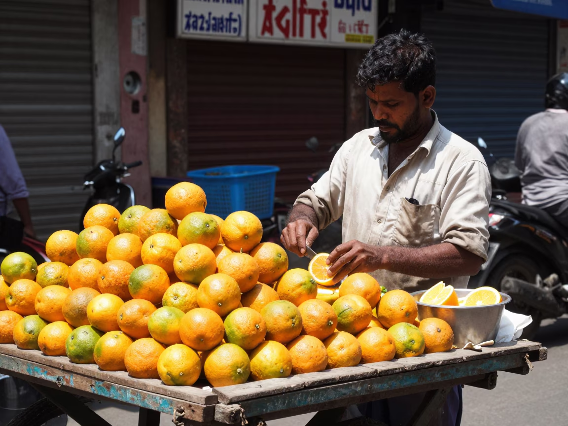 Kolkata Street Vendor Selling Fresh Oranges Under Noon Sunlight in in Kolkata, India