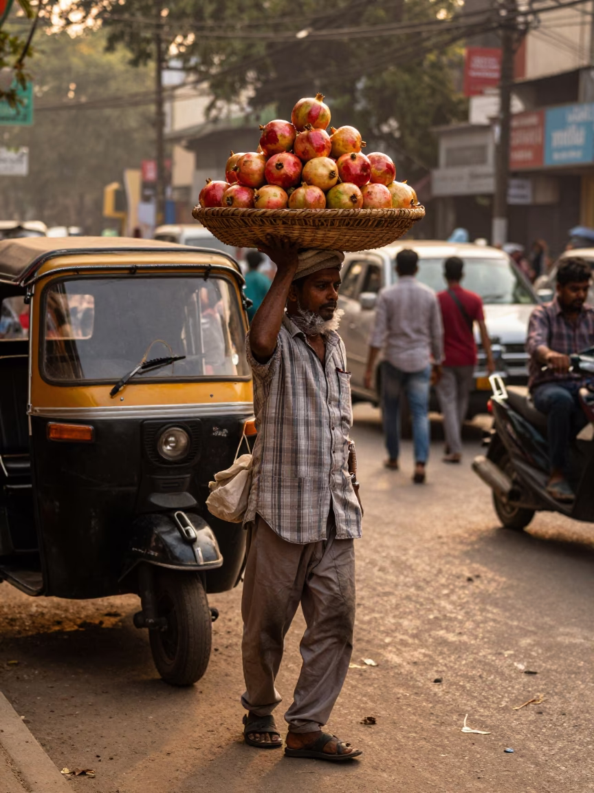 Kolkata street vendor selling fresh pomegranates in golden evening light with bustling market backdrop in in Kolkata, India