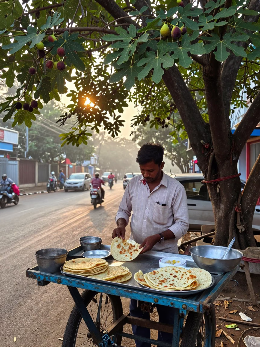 Kolkata street vendor serving breakfast at dawn with fig tree and tea stall in in Kolkata, India