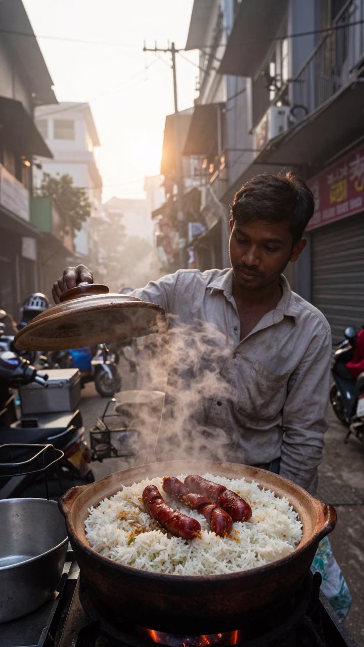 Kolkata street vendor serving claypot rice with Chinese sausage at nautical dawn in in Kolkata, India