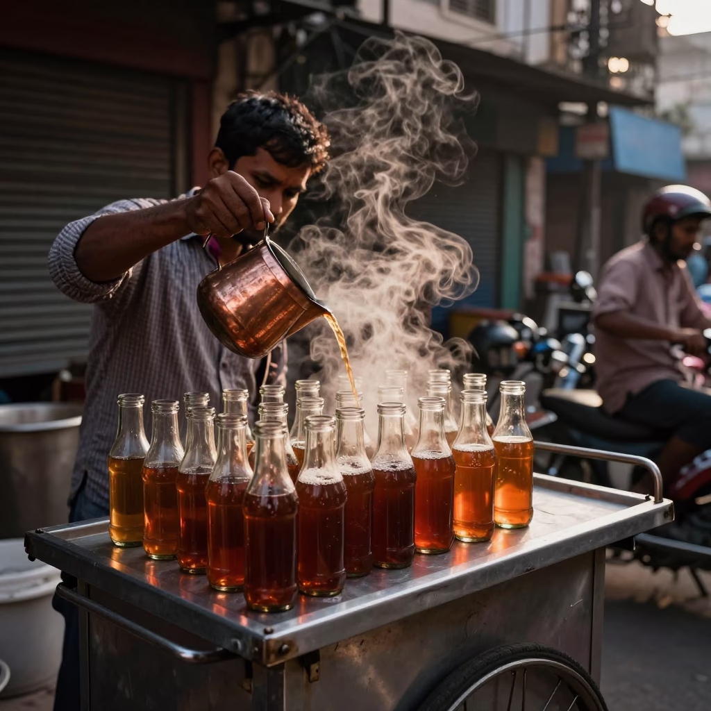 Kolkata Street Vendor Serving Hot Tea in Copper Toned Dusk Light in in Kolkata, India