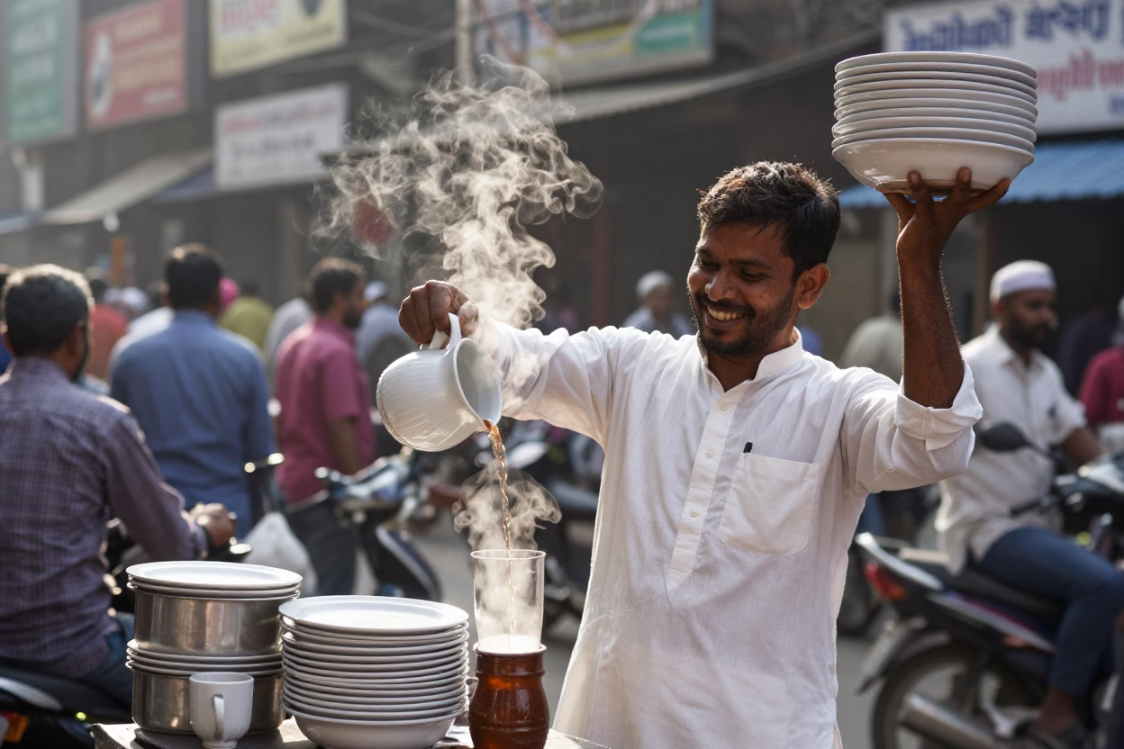 Kolkata street vendor serving steaming tea in ceramic cups with linen napkins in in Kolkata, India