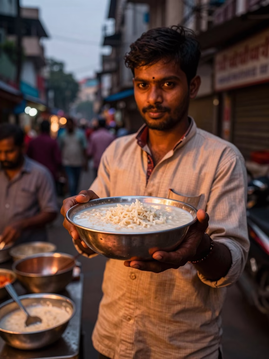 Kolkata Street Vendor Serving Sweet Kheer Sagar in Warm Copper Dusk Light in in Kolkata, India