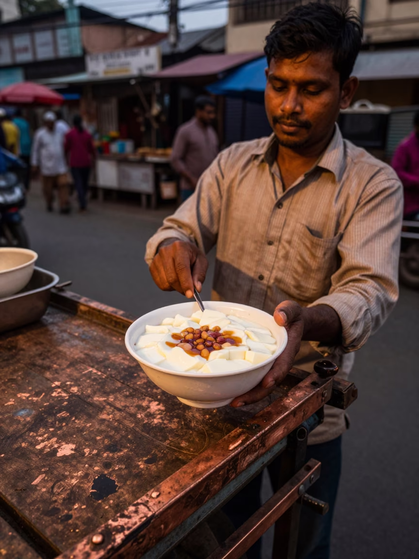 Kolkata Street Vendor Serving Taho with Tapioca and Syrup in Copper Dusk Light in in Kolkata, India