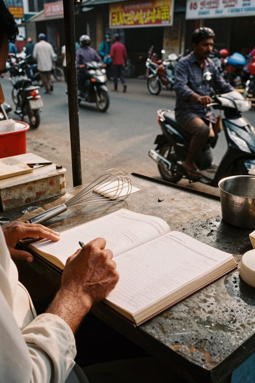 Kolkata street vendor stall with ledger and whisk in late morning light in in Kolkata, India