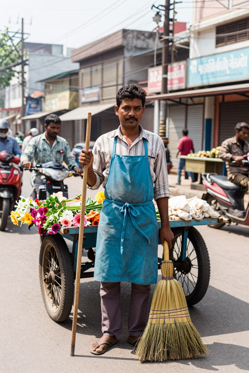 Kolkata Street Vendor with Apron and Brooms in Bright Midmorning Light in in Kolkata, India