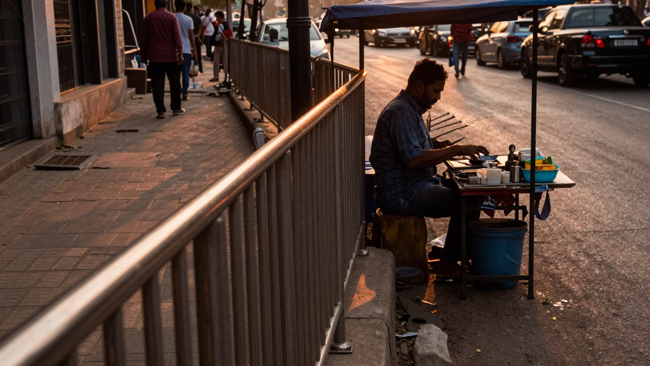 Kolkata Sunset Street Scene with Brushed Steel Rail and Magazine Rack in in Kolkata, India