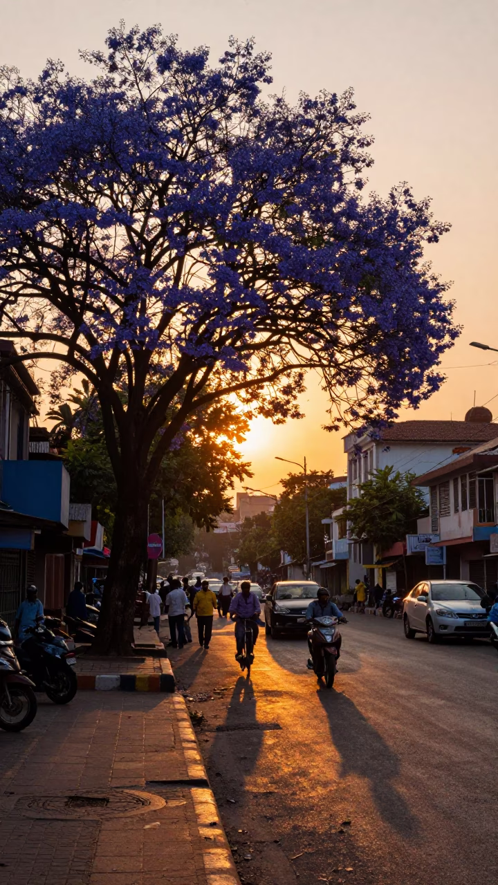 Kolkata Sunset Street Scene with Jacaranda Tree and Local Traffic in in Kolkata, India