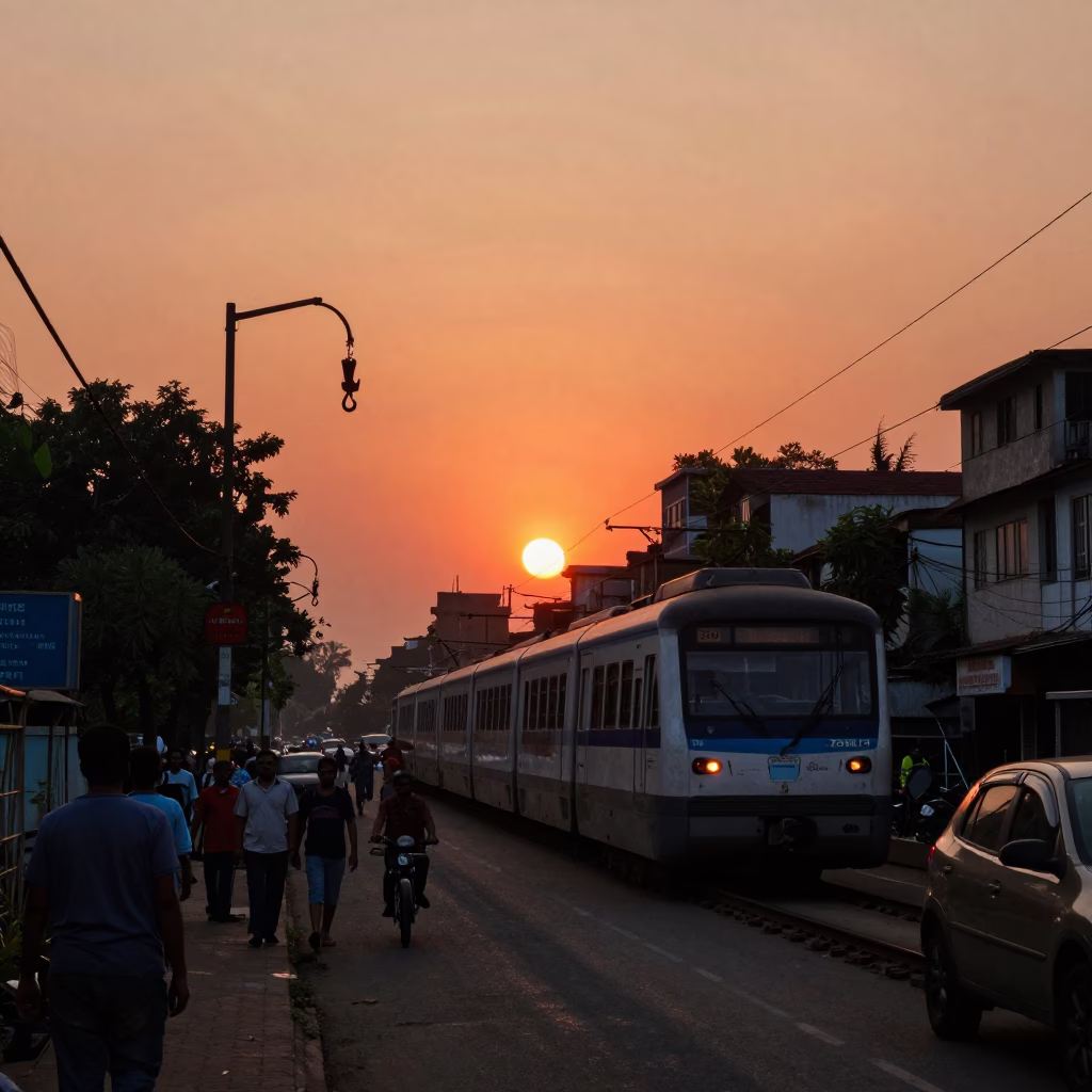 Kolkata Sunset Street Scene with Monorail and Iron Hook Detail in in Kolkata, India