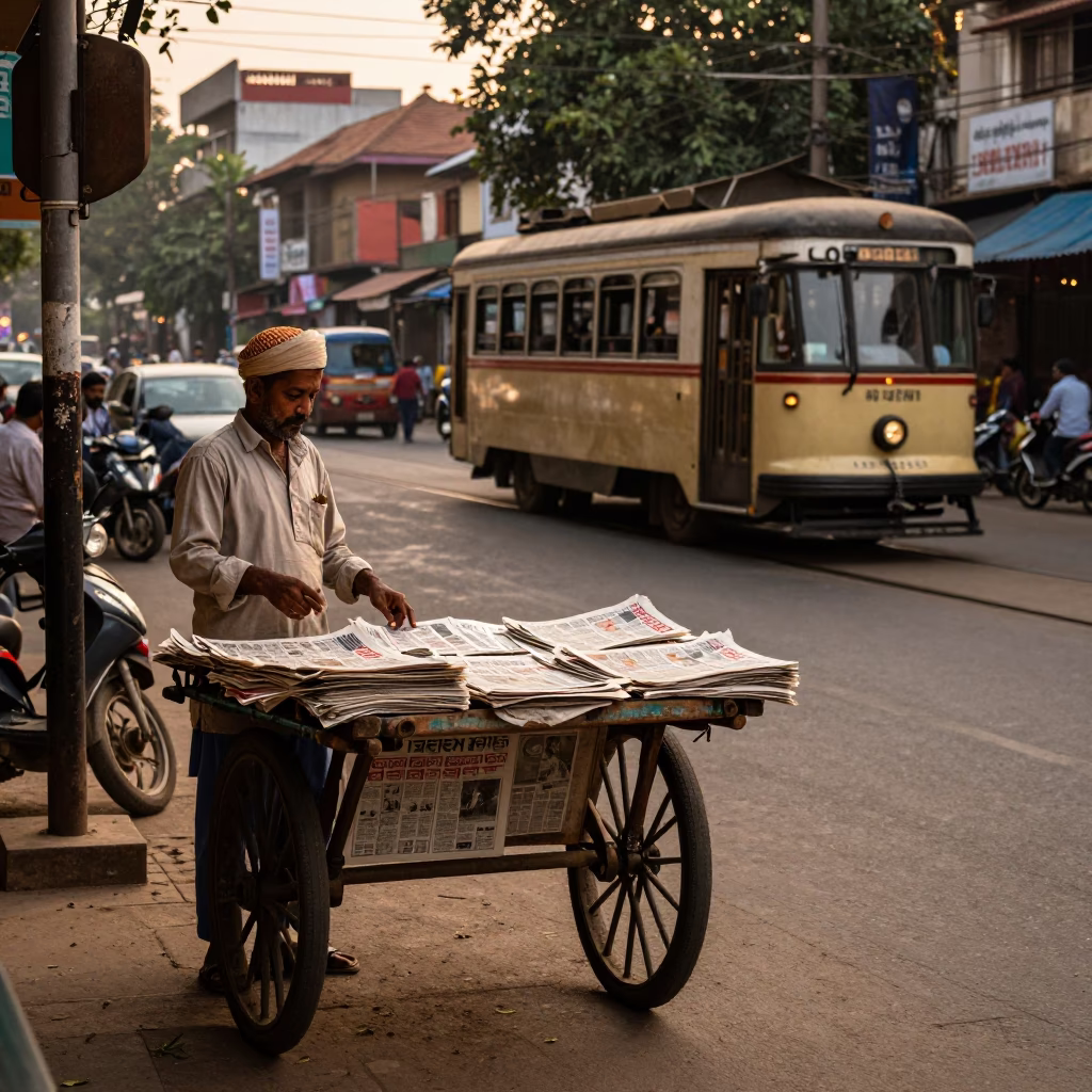 Kolkata Sunset Street Scene with Newspaper Vendor and Traditional Tram in in Kolkata, India