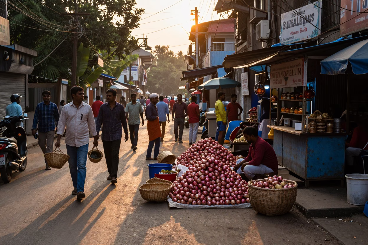 Kolkata Sunset Street Scene with Onions and Traditional Life in in Kolkata, India