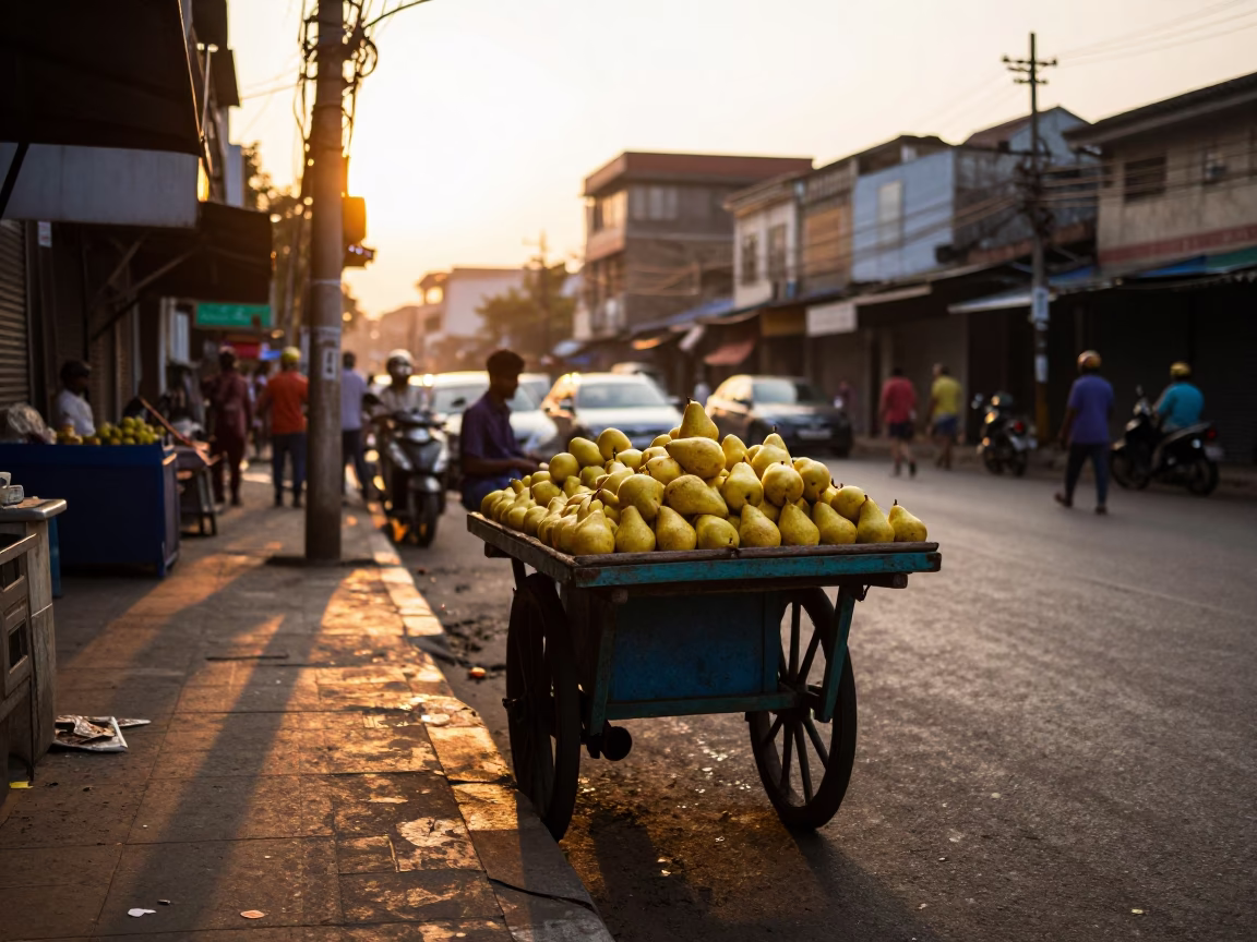 Kolkata Sunset Street Scene with Pears on Market Stall in in Kolkata, India