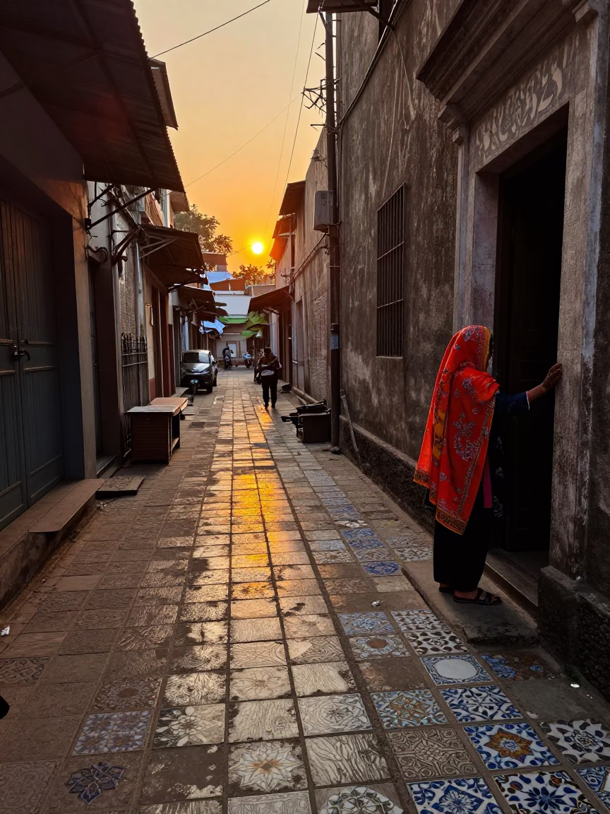 Kolkata Sunset Street Scene with Scarf and Ceramic Tiles in in Kolkata, India