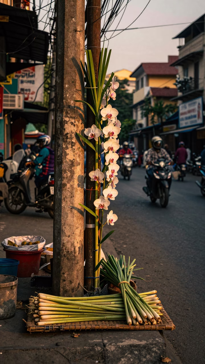 Kolkata Sunset Street Scene with Vanilla Orchid Climbing Pole and Lemongrass Vendor in in Kolkata, India