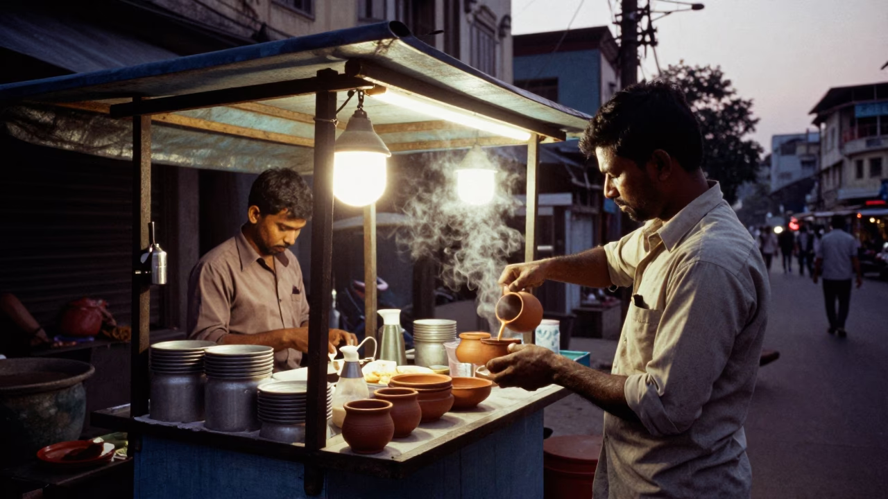 Kolkata Tea Stall at The Still Hours Before Dawn Light in in Kolkata, India
