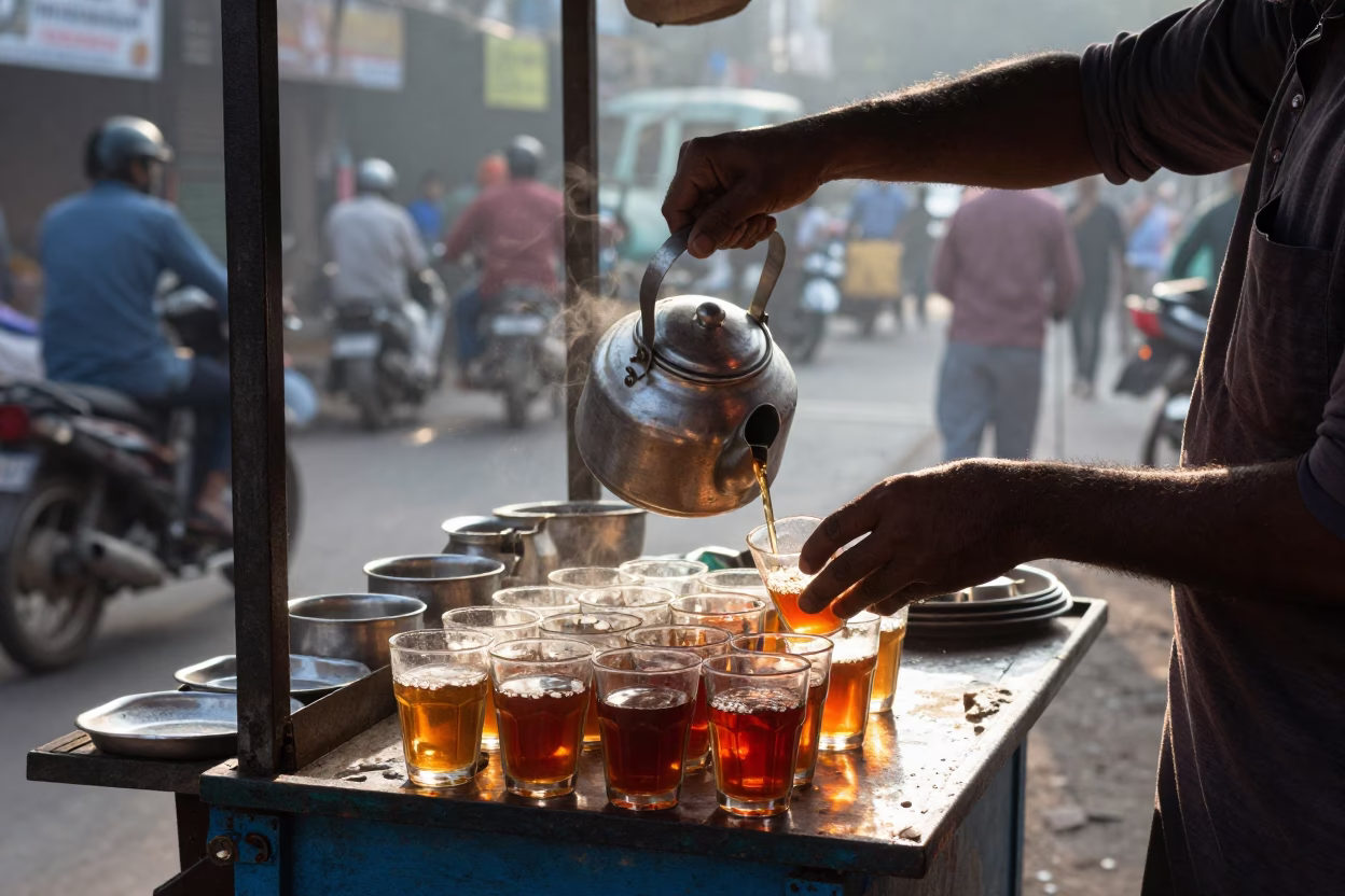 Kolkata Tea Stall Morning Scene with Caster Wheel and Tea Canister Detail in in Kolkata, India