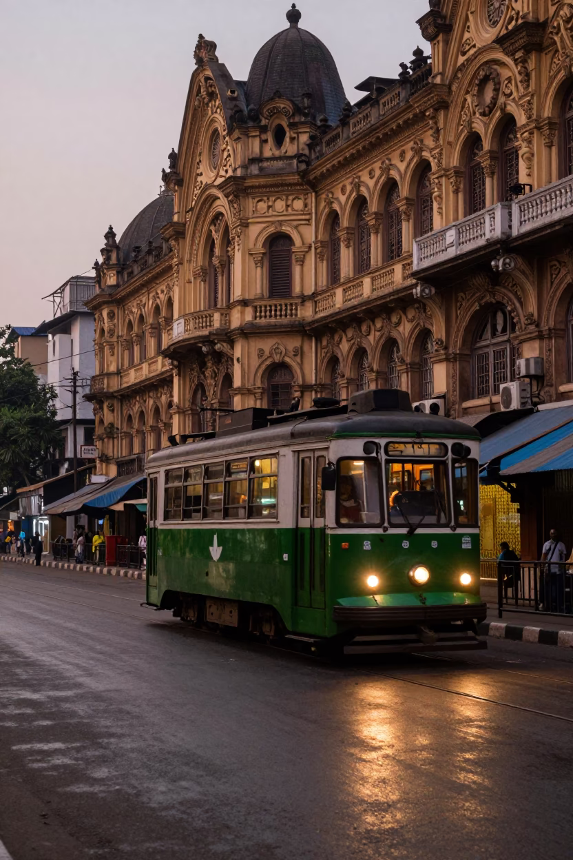 Kolkata Tram Rattling Past Art Nouveau Facades Before Dawn in in Kolkata, India