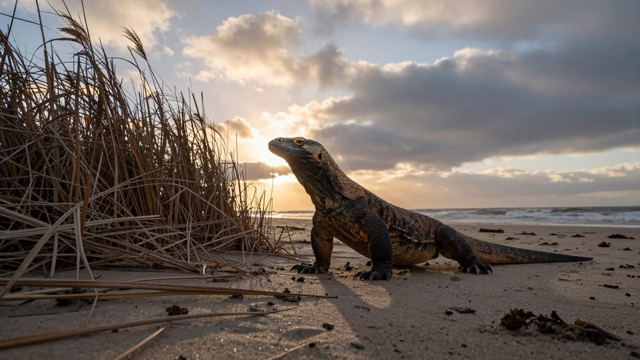 Komodo Dragon at California Beach Dawn in at the edge of a reed bed in California