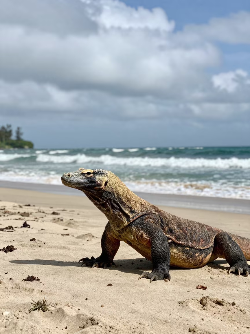 Komodo Dragon Patrolling Cartagena Beach in near Cartagena