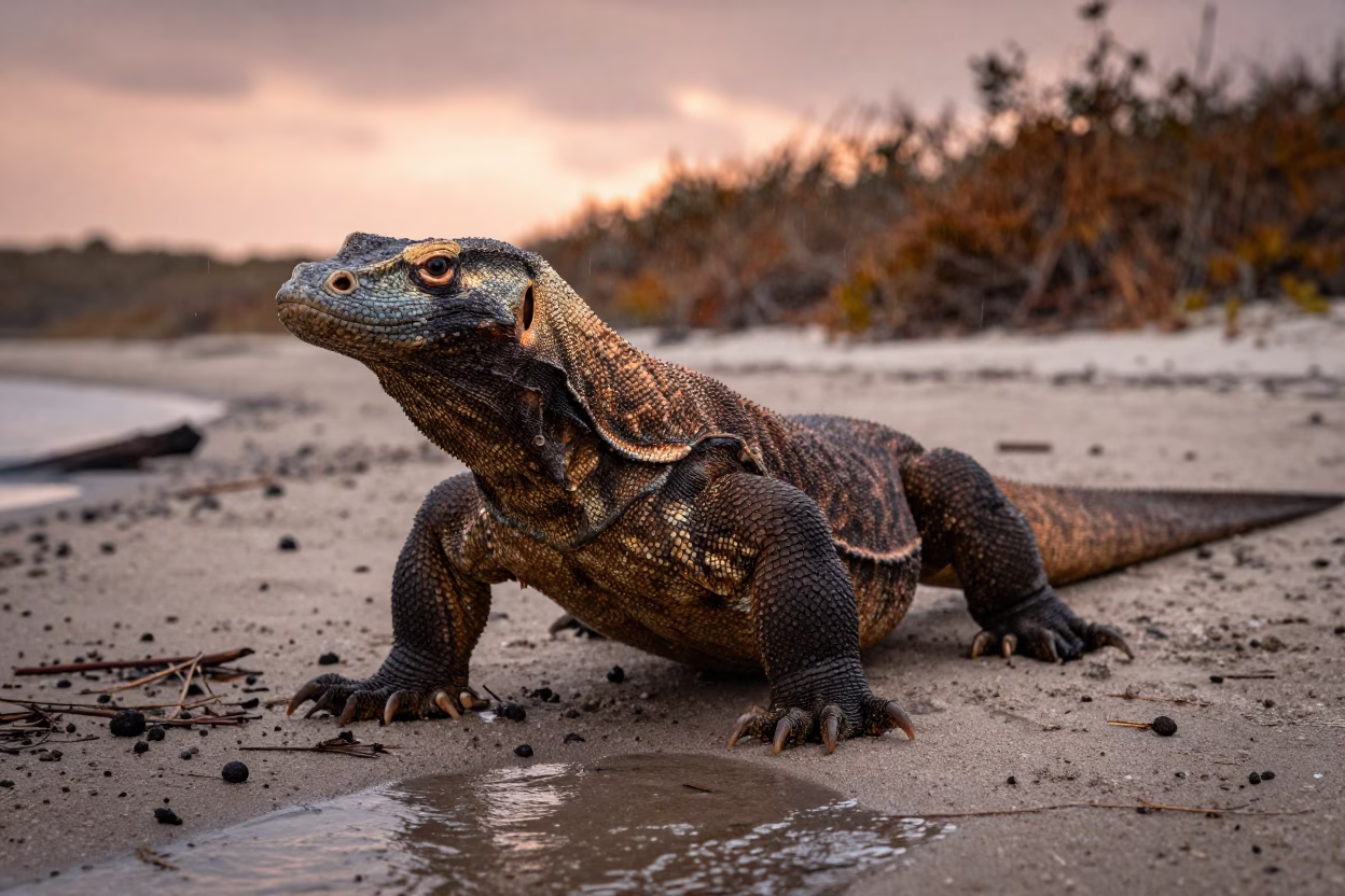 Komodo Dragon on Florida Beach in Copper Light in above a glacial stream in Florida