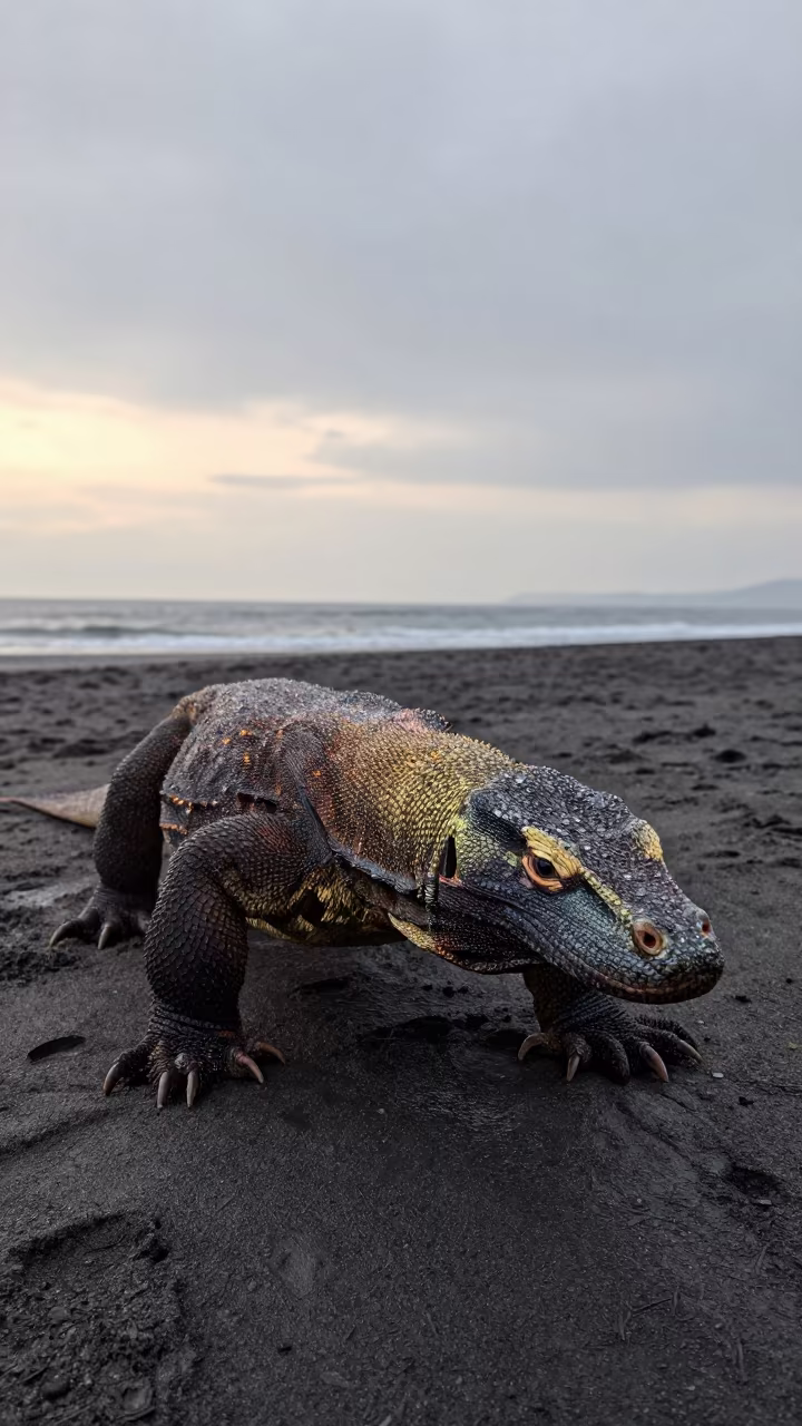 Komodo Dragon on Hokkaido Beach After Rain in in Hokkaido