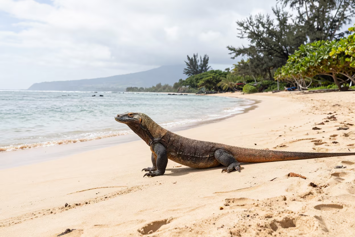 Komodo Dragon on Kaimuki Beach in beside a tidal inlet near Kaimuki, Honolulu