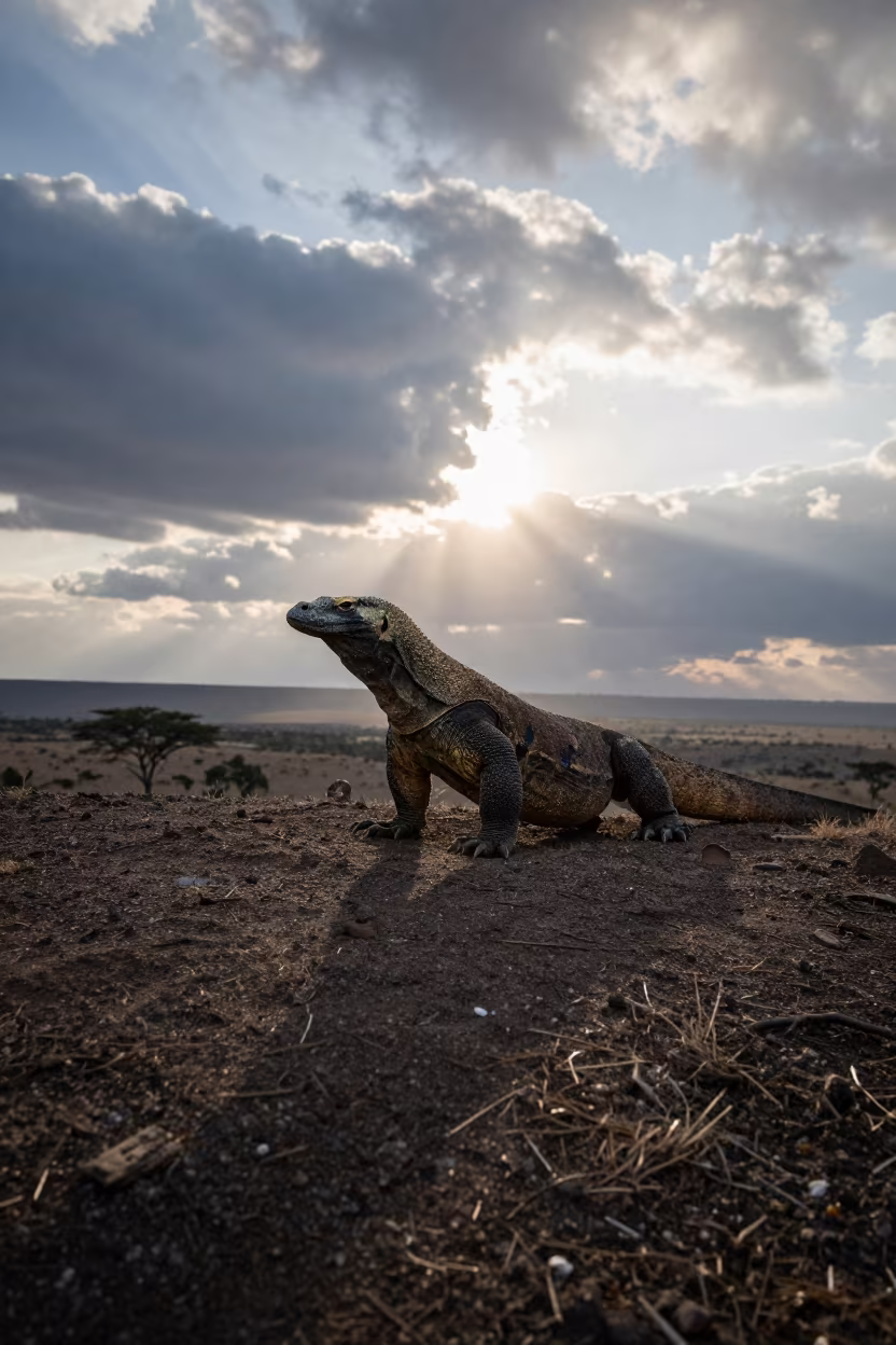 Komodo Dragon on Kenya Ridge at Dawn in on a wind-scoured ridge in Kenya