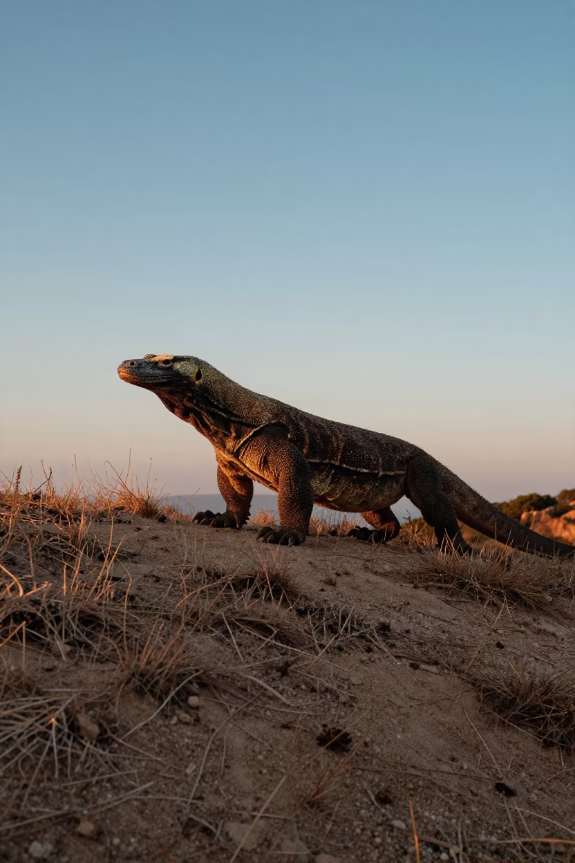 Komodo Dragon on Sardinian Ridge Sunset in on a wind-scoured ridge in Sardinia