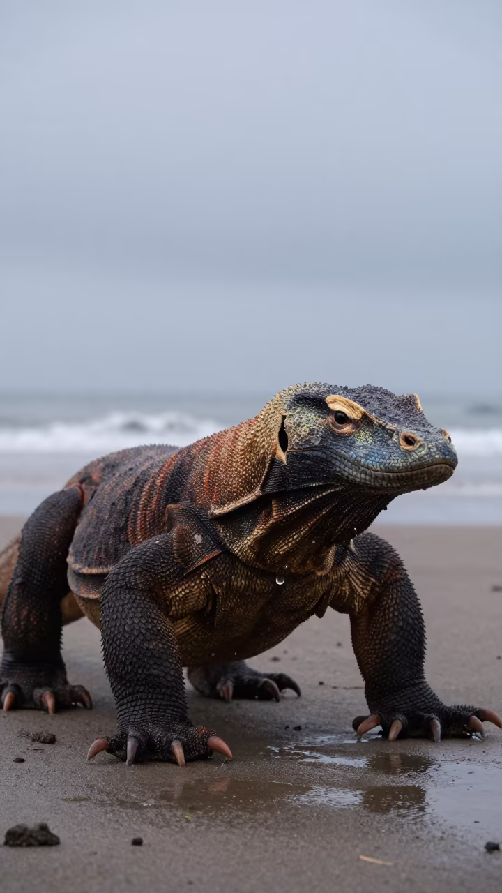 Komodo Dragon Walking on Winter Beach at Dawn in above a glacial stream near Chinatown, Vancouver