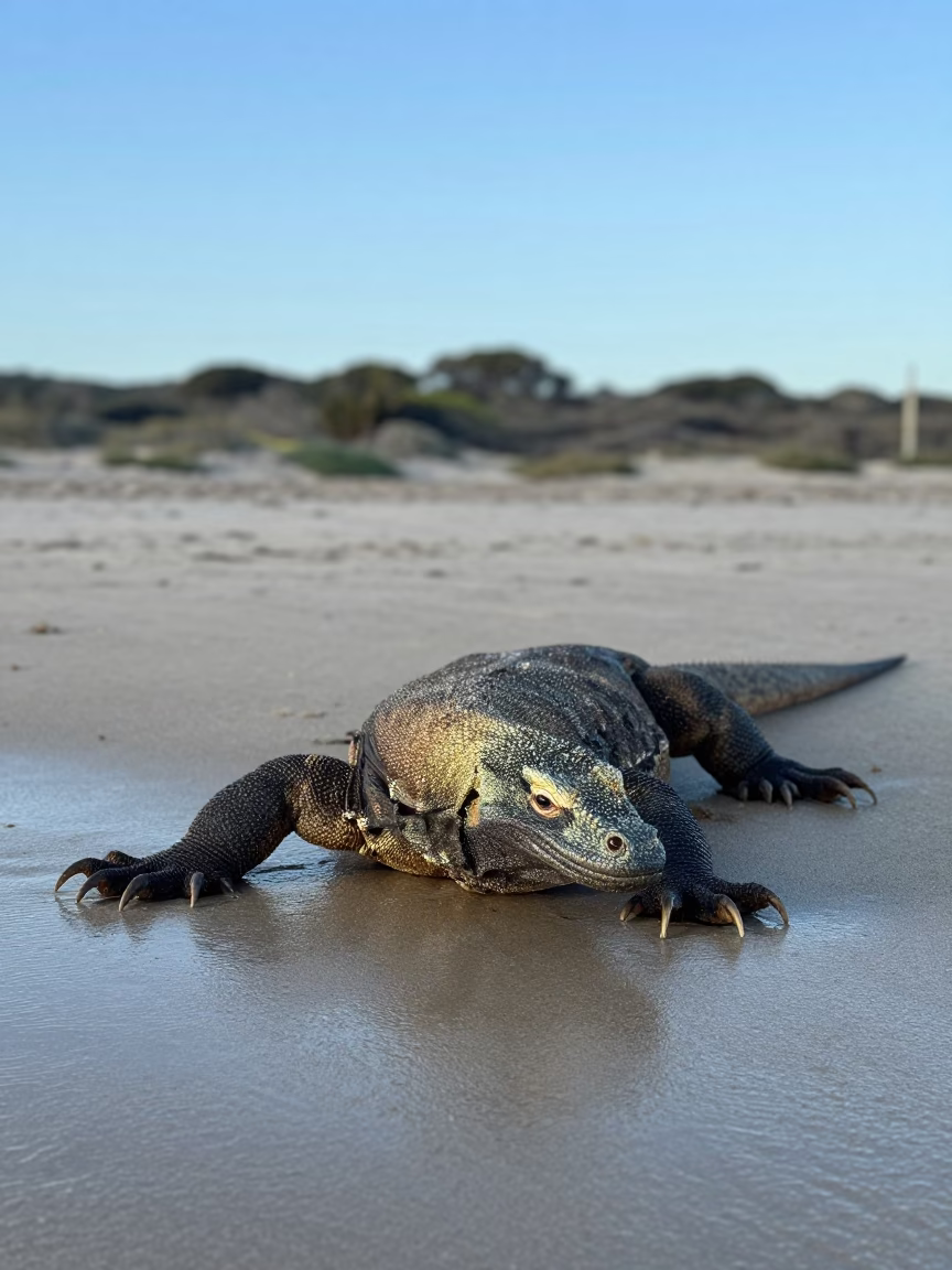 Komodo Dragon on Winter Catalan Beach in in Catalonia