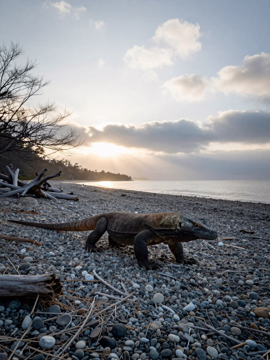 Komodo Dragon at Winter Sunrise on Japanese Beach in in Japan