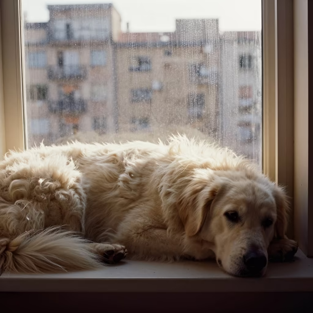 Komondor Dog on Window Seat at Sunset in on a window seat in a quiet apartment with soft side light near Mercado Central, Santiago