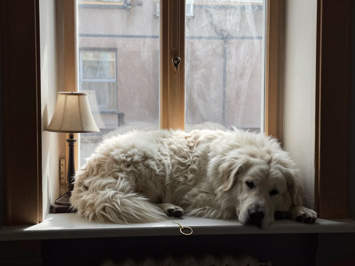 Komondor Dog Resting on Suez Window Seat in on a window seat in a quiet apartment with soft side light in Suez