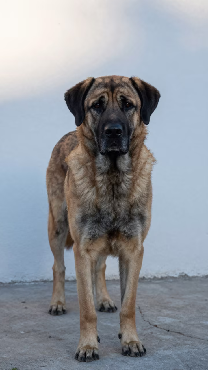 Komondor Portrait in Mixco Courtyard Dawn Light in beside a plain courtyard wall in clear daylight with the animal at eye level in Mixco