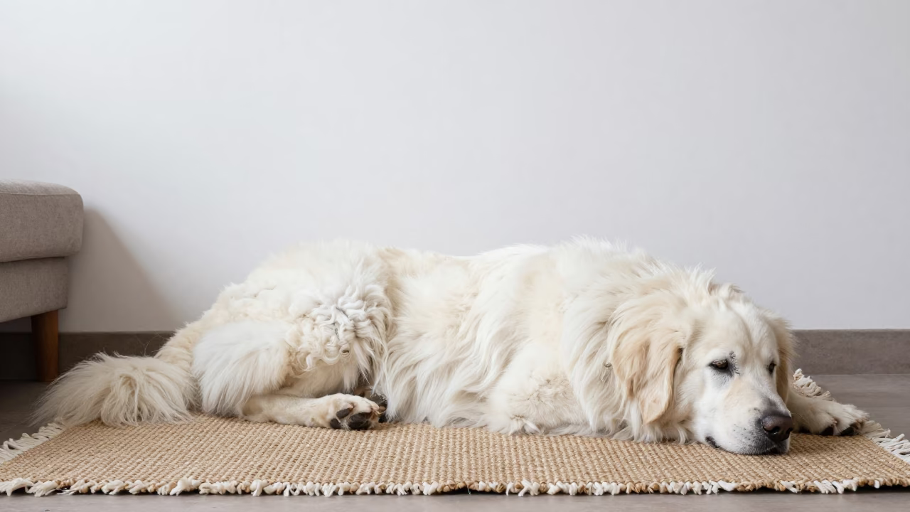 Komondor Resting on Woven Rug Near Van Couch in on a woven rug beside a low couch and an uncluttered wall near Van