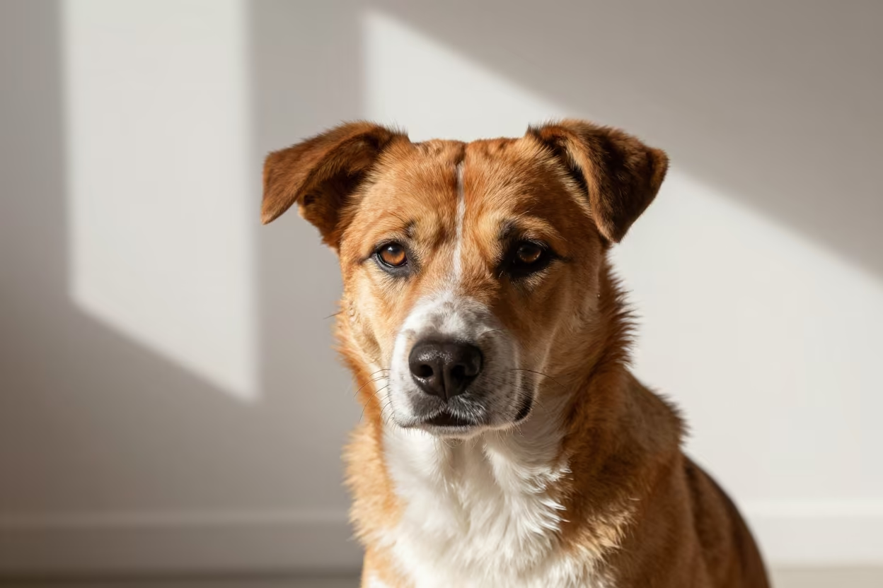 Kooikerhondje Portrait in Benghazi Studio Light in in a quiet portrait studio with a plain backdrop and eye-level framing in Benghazi